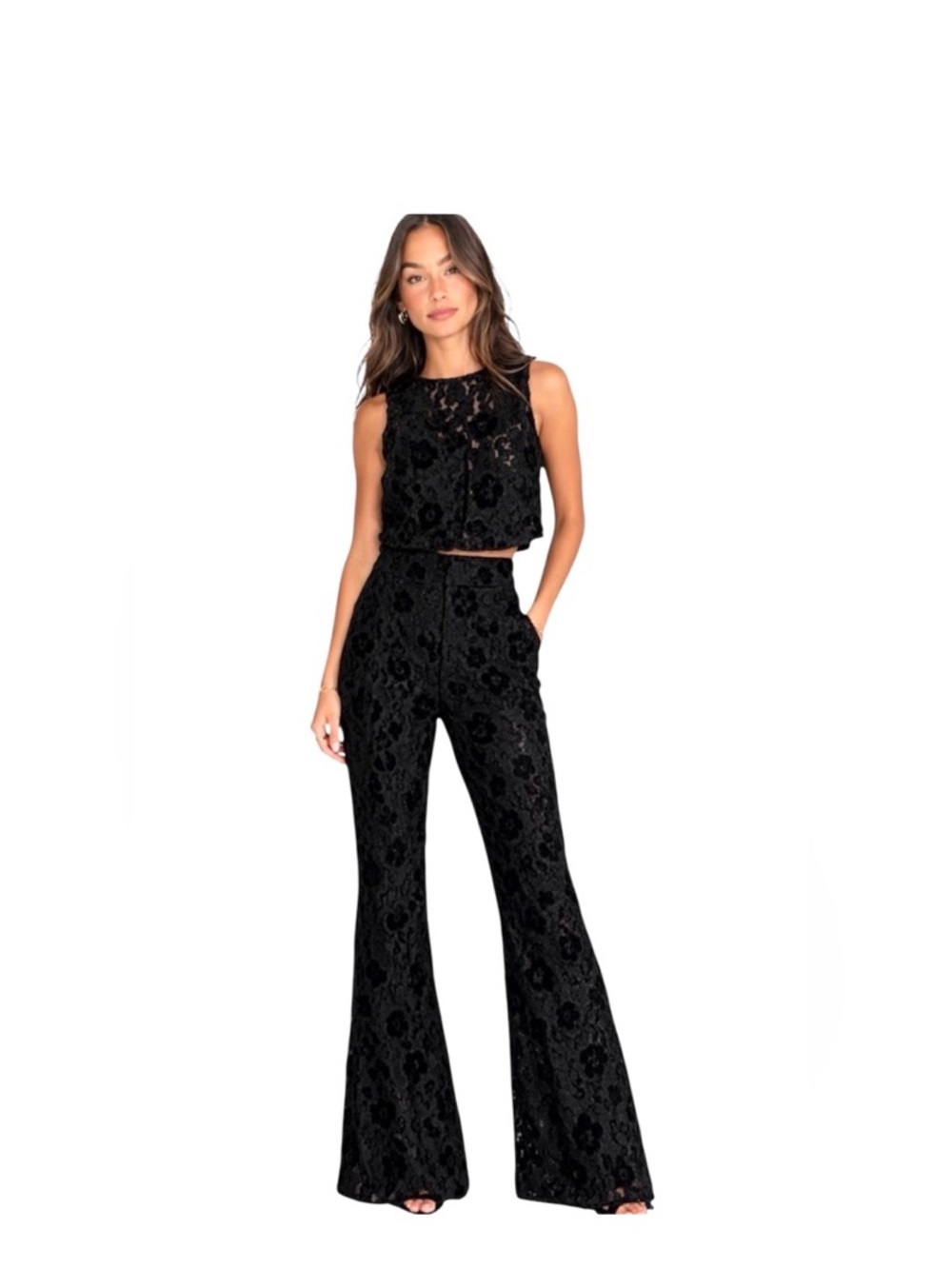Avec Les Filles Black Lace Two Piece Suit Set Luxe Chic Vest Flared Pants Small